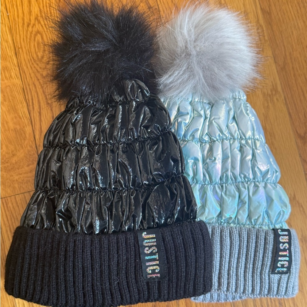 Justice Kids' Black and Silver Pom-Pom Beanie Set